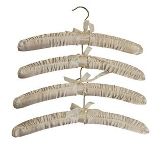 Vintage Style Cream Satin Padded Hangers Set of 4 Gold Swivel Hook Ribbon Bow